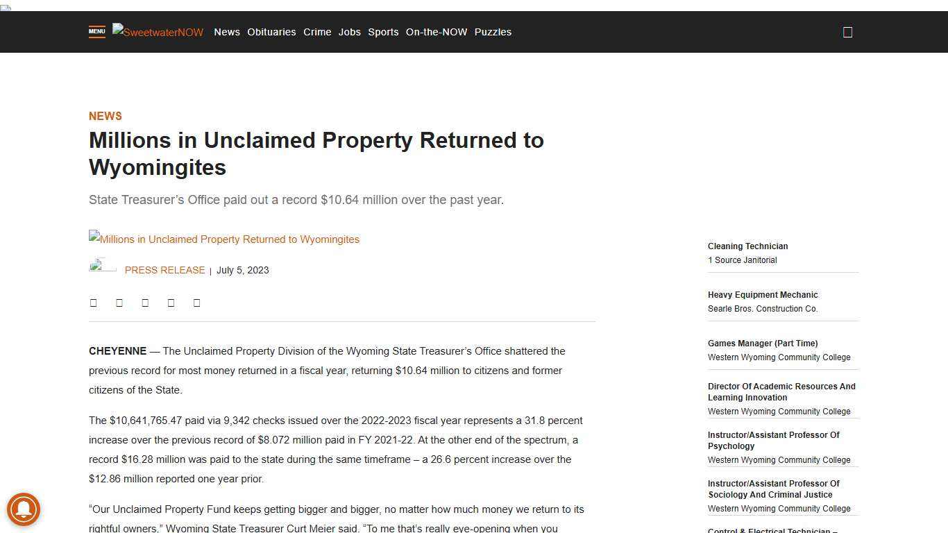 Millions in Unclaimed Property Returned to Wyomingites - SweetwaterNOW